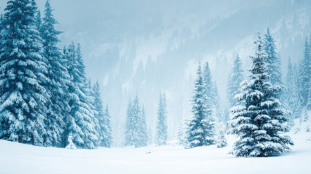 Discover a tranquil winter landscape featuring tall pine trees blanketed in snow, set against misty mountain peaks, creating a serene and picturesque scene.の素材