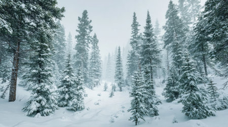 A peaceful winter landscape featuring snow-covered pine trees enveloped in a soft mist. This serene scene captures the beauty of nature during snowfall.の素材