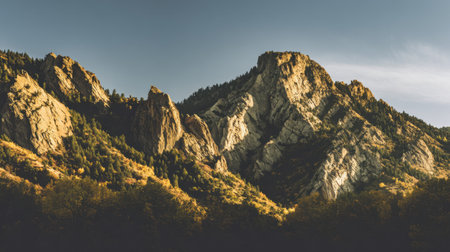 Discover the serene beauty of jagged mountain peaks illuminated by sunlight. This stunning landscape captures the essence of nature, perfect for wall art or travel blogs.の素材