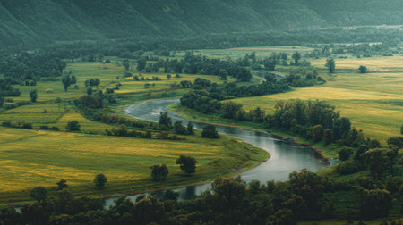This captivating image showcases a picturesque landscape featuring a winding river and vibrant green fields. The overcast sky adds a serene atmosphere to the scene, perfect for nature enthusiasts.の素材