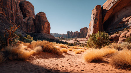 Explore this stunning desert landscape featuring majestic red rock formations and golden grass, perfect for outdoor adventures or serene nature retreats.の素材