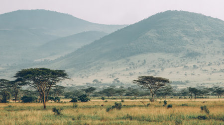 A serene African landscape featuring rolling hills and sparse trees, showcasing golden grass under an overcast sky, perfect for nature lovers and travel enthusiasts.の素材