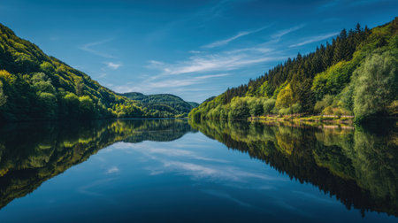 Capture the tranquil beauty of a river landscape surrounded by lush green forests, reflecting a clear blue sky and vibrant nature in calm water.の素材