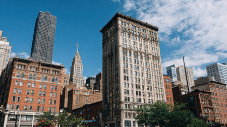 Vibrant urban scene featuring a mix of historic and modern architecture against a beautiful blue sky, illustrating the dynamic character of city life and landscape.の素材
