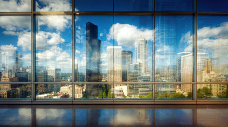 Experience a breathtaking urban landscape captured through large glass windows, showcasing a vibrant city skyline adorned with reflections and clouds in daylight.の素材