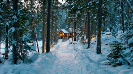 A tranquil scene of a cozy cabin surrounded by snow-covered trees in a winter forest, inviting warmth and serenity on a peaceful evening. Ideal for winter themes.の素材