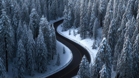 Experience the tranquility of a winter landscape featuring a winding road through a snow-covered forest, creating a picturesque scene of nature's beauty.の素材