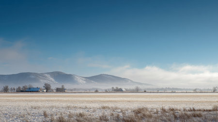 A breathtaking winter scene showcases the beauty of snow-laden fields extending toward majestic mountains under a clear blue sky, radiating tranquility and peace.の素材