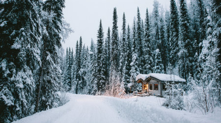 A cozy cabin sits nestled in a serene snowy forest, surrounded by towering evergreen trees. A winding road leads to this peaceful escape, perfect for winter adventures.の素材