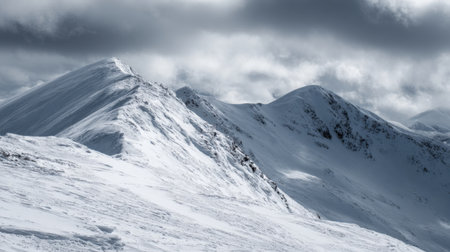 Explore the serene beauty of snow-covered mountains that rise majestically under dramatic cloudy skies. A perfect representation of winter landscapes and wilderness adventures.の素材