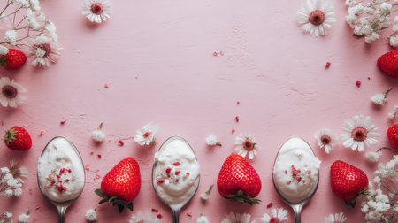A charming arrangement of fresh strawberries and whipped cream on silver spoons, enhanced by delicate flowers against a soft pink backdrop, evoking summer indulgence.の素材