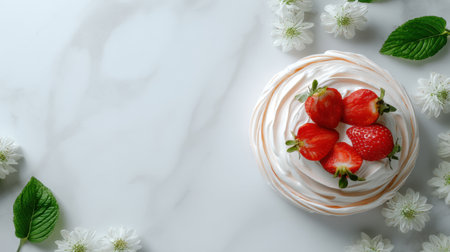 Delight in a fresh pavlova cake topped with juicy strawberries and airy whipped cream, beautifully arranged with delicate white flowers for a charming presentation.の素材