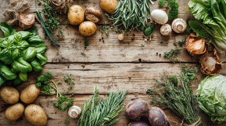 This image showcases a vibrant assortment of fresh vegetables and herbs beautifully arranged on a rustic wooden table, perfect for culinary and lifestyle themes.の素材
