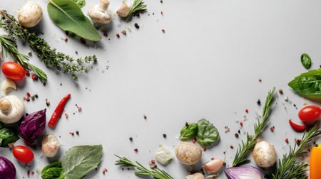 Aesthetic arrangement of fresh vegetables, herbs, and spices on a gray surface, offering a vibrant and colorful backdrop perfect for culinary presentations or recipe designs.の素材