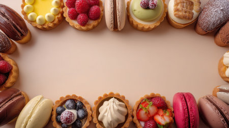 A vibrant collection of pastries and desserts arranged in a circular pattern, featuring fresh fruits and creamy fillings, ideal for festive occasions or culinary presentations.の素材