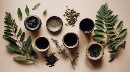 A beautifully arranged collection of tea and herbal ingredients displayed with leaves and bowls, ideal for culinary and wellness visual content showcasing natural elements.の素材