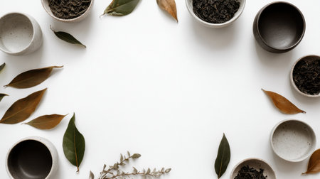 Discover an elegant flat lay showcasing dried tea leaves and natural foliage arranged in modern bowls. This serene composition evokes themes of wellness and relaxation.の素材