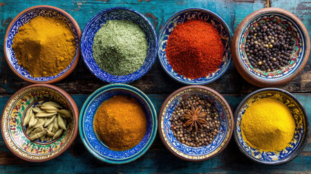 A vibrant collection of spices in decorative bowls on a rustic wooden surface, showcasing a rich array of colors and textures perfect for culinary inspiration.の素材