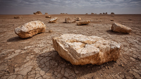 A vast desert landscape showcases unique rock formations scattered across cracked dry ground under an overcast sky, capturing the beauty of natureの素材