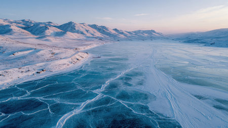 A breathtaking winter scene showcasing a frozen lake surrounded by majestic mountains, highlighting the serene beauty and tranquil atmosphere of nature during sunrise.の素材