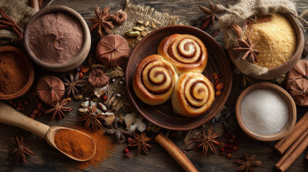 Indulge in the warmth and aroma of homemade cinnamon rolls, beautifully arranged with spices and ingredients, creating a rustic and inviting baking scene.の素材