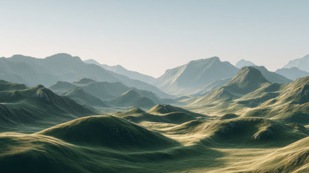 Experience the tranquility of a stunning landscape featuring rolling green hills and majestic mountains, bathed in soft natural light, offering a serene atmosphere.の素材