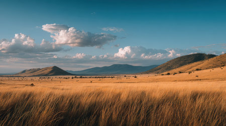 A breathtaking view of golden grasslands stretching towards a horizon with gentle hills and a clear blue sky dotted with clouds, capturing the beauty of nature.の素材