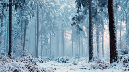 A tranquil winter forest scene captures the beauty of snow-covered trees and gentle fog, creating a serene atmosphere perfect for nature lovers and photographers.の素材