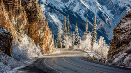 A captivating view of a winding mountain road surrounded by snow-covered trees and rocky cliffs, showcasing the beauty of winter and nature's serenity.の素材