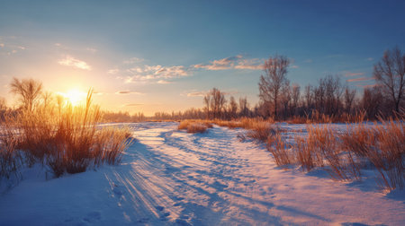 A stunning winter landscape captures the magic of sunset, highlighting a snow-covered terrain and a frozen river. Barren trees frame the scene under a colorful sky.の素材