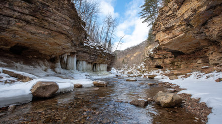 An enchanting winter scene capturing a rocky gorge with a gently flowing river, frozen waterfalls, and serene surroundings. Ideal for nature and travel enthusiasts.の素材