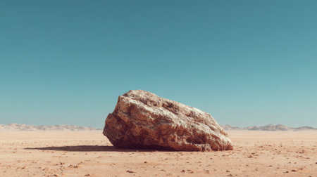 A solitary large rock rests on a vast desert landscape under a clear blue sky, showcasing the beauty of nature in a remote and tranquil setting filled with earth tones.の素材