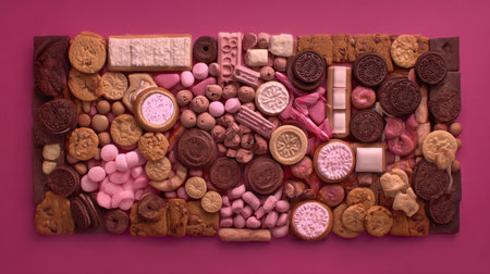 A visually engaging arrangement of pink and brown sweets, cookies, and candies creates a delightful composition ideal for parties, events, and dessert tables.の素材