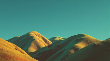 A tranquil scene showcasing gentle rolling hills bathed in warm light beneath a clear blue sky. This inviting landscape inspires calm and reflects natural beauty.の素材