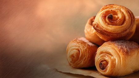 A close-up of freshly baked sweet pastries showcases their golden, flaky texture. Perfect for breakfast, dessert, or a delightful snack, they exude warmth and aroma.の素材