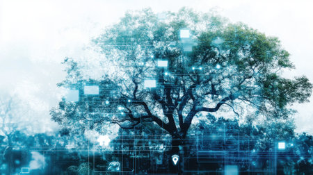 This visually striking image features a lone tree set against a digital backdrop, illustrating the synergy between nature and technology in a futuristic context.の素材