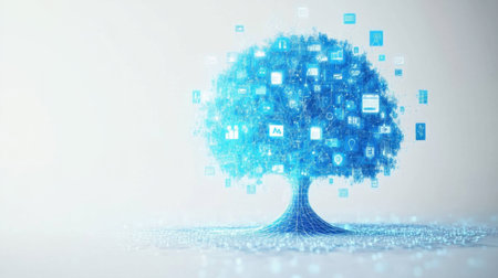 A visually striking digital tree composed of various technology icons symbolizes growth and innovation in a networked world, blending nature and technology seamlessly.の素材