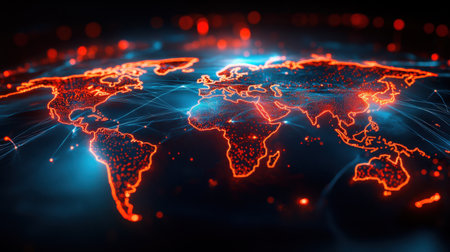 This striking image features a world map illuminated in vibrant red and blue colors, symbolizing global connectivity through a network of glowing lines and points.の素材