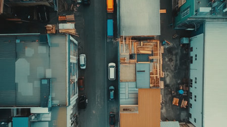 Discover an aerial view of an urban industrial area filled with various buildings, vehicles, and construction materials, showcasing city life and organizational dynamics.の素材