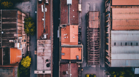 Captivating aerial view showcasing a blend of urban rooftops and industrial buildings, revealing textures, colors, and the layout of a vibrant cityscape.の素材