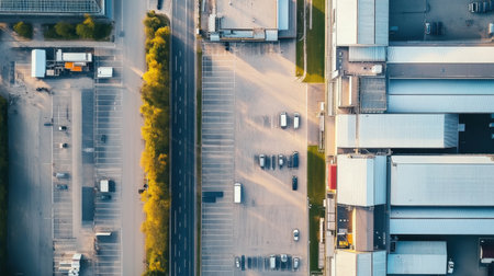 This aerial image captures a sprawling industrial complex featuring organized parking lots and well-maintained green spaces, showcasing the blend of nature and industry.の素材