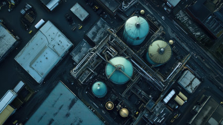 This aerial image showcases an industrial complex with large storage tanks and machinery, set in an urban environment under a clear blue sky. Ideal for technology themes.の素材