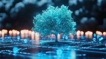 A stunning digital representation of a glowing tree surrounded by luminous elements, symbolizing the harmony between nature and technology in a futuristic landscape.の素材