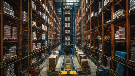 A panoramic view of a high-tech warehouse featuring automated systems, tall racks filled with various goods, and efficient logistics operations for modern supply chain management.の素材