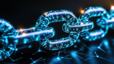 Explore the captivating digital world of blockchain technology with this abstract image showing glowing links and data connections in a futuristic environment.の素材