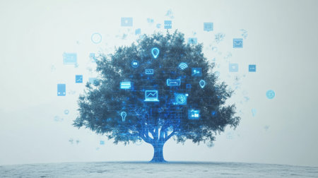 This image illustrates a digital tree, symbolizing the fusion of nature and technology. It features glowing icons representing connectivity, information, and growth.の素材