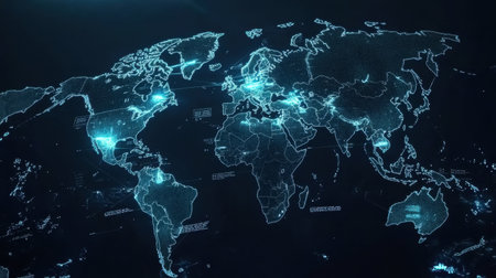 Explore a stunning futuristic digital world map featuring neon elements and data points, showcasing global connectivity and the impact of technology trends on geography.の素材