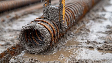 A detailed close-up of smooth concrete covering steel reinforcement bars at a construction site, showcasing the materials in their wet and raw form during the building process.の素材