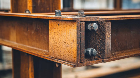 This close-up image showcases a rusty steel beam featuring bolts and nuts, highlighting the textures and details essential in industrial construction environments.の素材