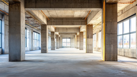 A bright and spacious industrial interior featuring exposed concrete columns and large windows. Ideal for creative projects, showcasing modern architectural design in an empty setting.の素材